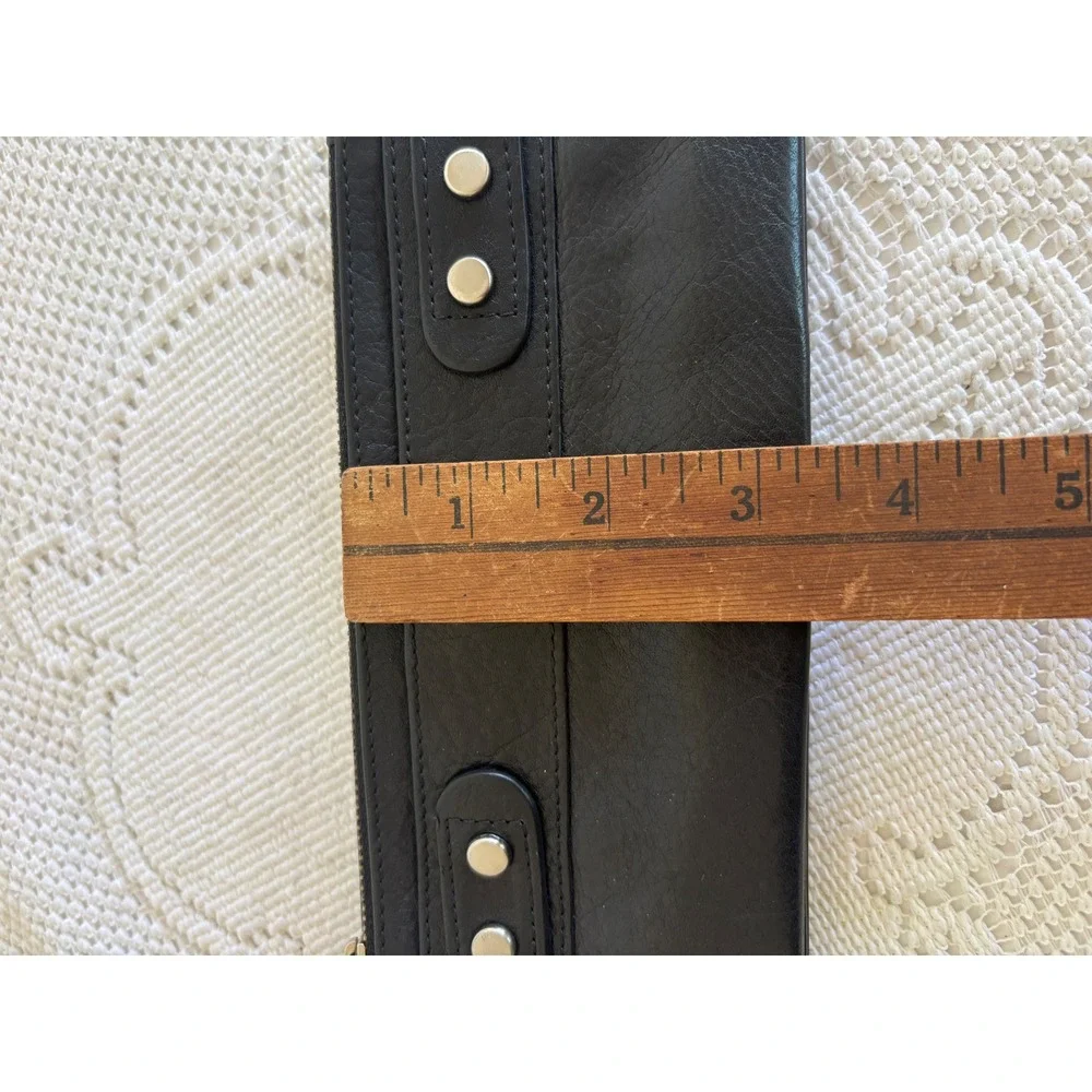 Fossil Black Leather Bifold Wallet Studded Zip Coin Pocket ID Window Minimalists